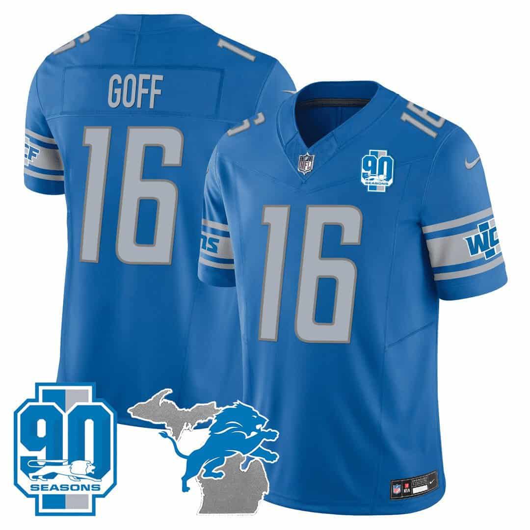 Men Detroit Lions #16 Goff Blue 2024 Nike 90th Year Michigan Patch Vapor NFL Jersey style 1